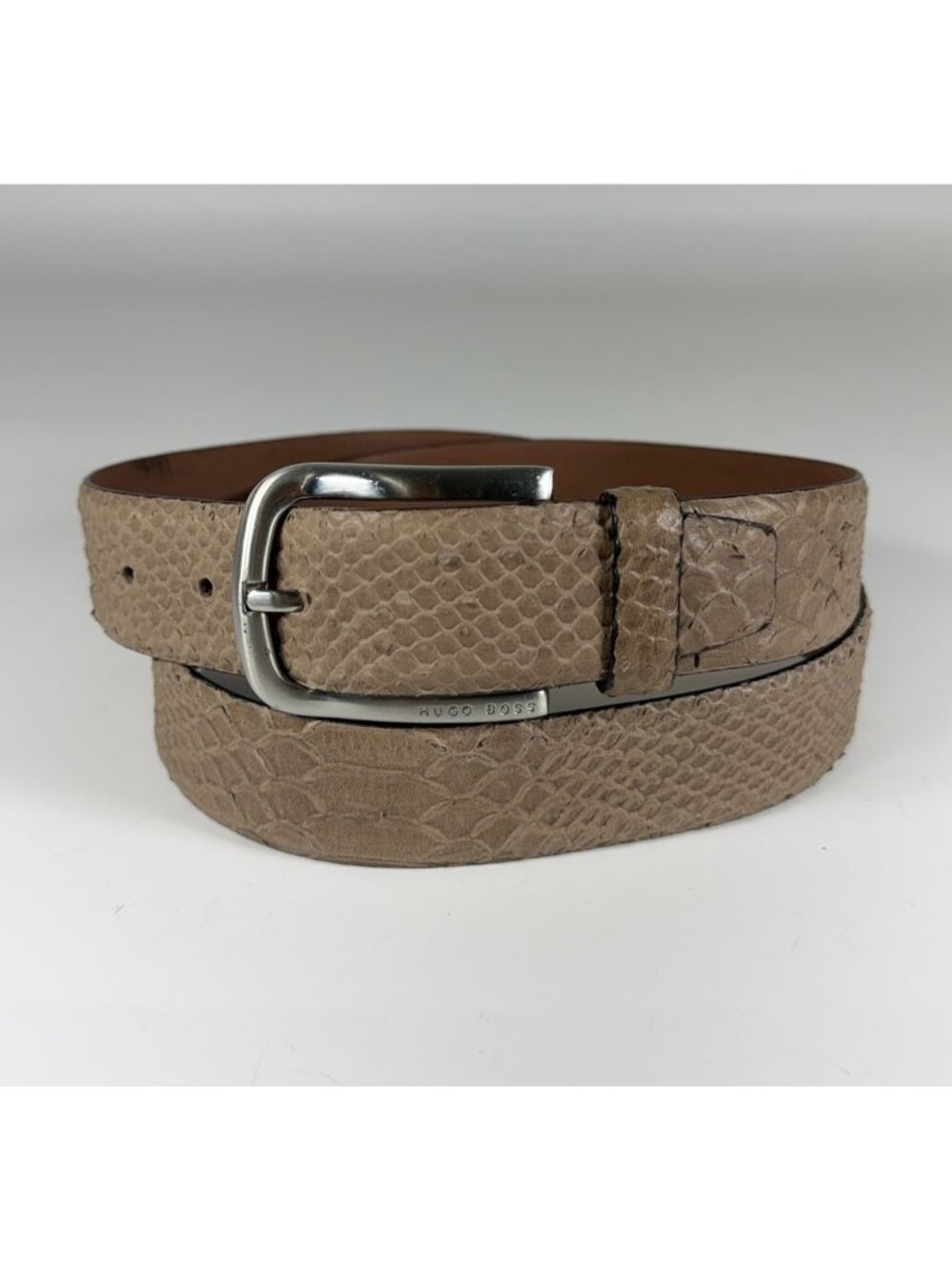 Hugo Boss Genuine Calf Leather Light Brown Snakeskin Embossed Leather Belt - 36